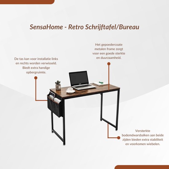 SensaHome - Retro Schrijftafel/Bureau - Computertafel met Metalen Frame - Werktafel in Rustieke Houtlook - Vintage Look - Zwart/Bruin