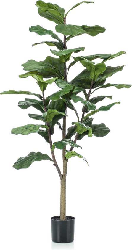 Plante artificielle ficus lyrata avec des feuilles vertes sur des tiges brunes dans un pot noir, sur fond blanc.