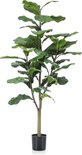 Plante artificielle ficus lyrata avec des feuilles vertes sur des tiges brunes dans un pot noir, sur fond blanc.