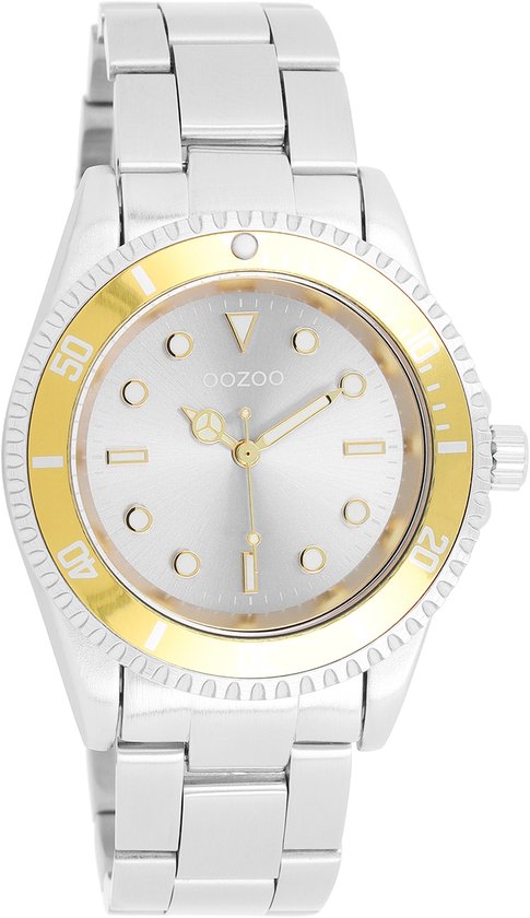 OOZOO Timepieces - Zilverkleurig/goudkleurige horloge met zilverkleurige roestvrijstalen armband - C11145