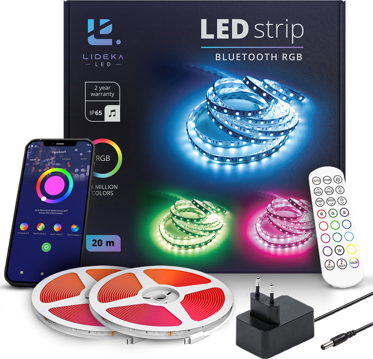 Lideka - LED Strip - 20 meter - RGB verlichting - Dimbaar - Met Afstandsbediening - Zelfklevend - Multi color