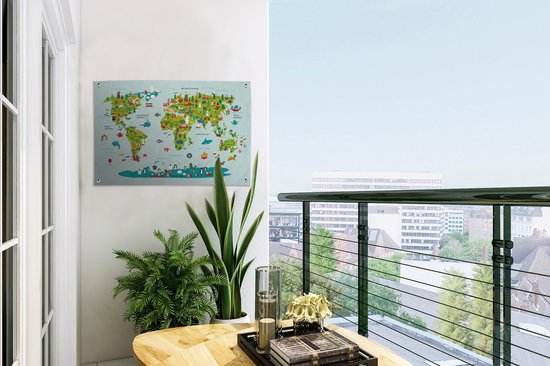 Tuinposter 60x40 cm - Tuindecoratie Wereldkaart Kinderen - Kleuren - Groen - Poster voor in de tuin - Buiten decoratie - Schutting tuinschilderij - Tuindoek muurdecoratie - Wanddecoratie balkondoek