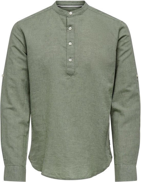 Only & Sons Poloshirt Onscaiden Ls Halfplackt Linen Shirt 22009883 Swamp Mannen Maat - M