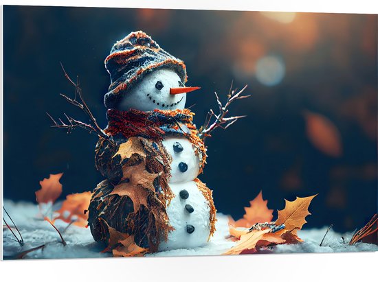 PVC Schuimplaat - Sneeuwpop met Takken Armen tussen de Herfstbladeren - 105x70 cm Foto op PVC Schuimplaat (Met Ophangsysteem)