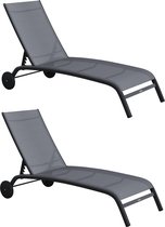 NATERIAL - Set van 2 ligstoelen LYRA II - 2 x ligstoelen met verstelbare rugleuning - 207x63x95 cm - 4 standen - Met wielen - Vast in aluminium - Textilene - Antraciet