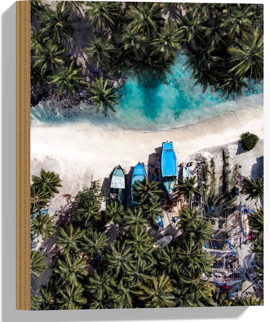WallClassics - Hout - Bovenaanzicht van Blauwe Bootjes tussen Palmbomen op Wit Strand - 30x40 cm - 9 mm dik - Foto op Hout (Met Ophangsysteem)