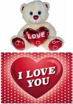 Pluche knuffelbeer 15 cm met wit/rood Valentijn Love hartje incl. hartjes wenskaart
