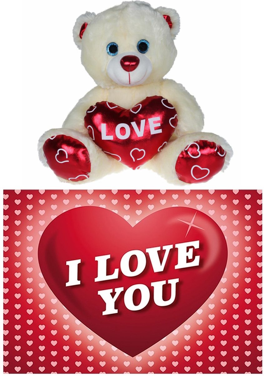 Kruger Pluche knuffelbeer - 15 cm - wit/rood - Valentijn Love hartje - hartjes wenskaart