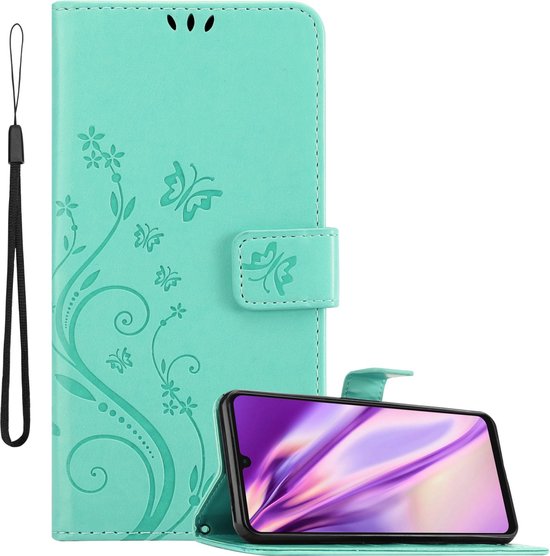 Étui de téléphone turquoise à motif floral, avec dragonne, ouvert en mode support.