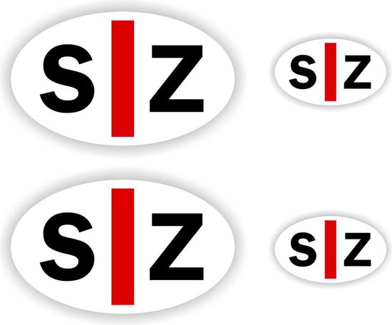 Vier ovale witte stickers met SZ in zwart en rode streep. Twee grote en twee kleine stickers.