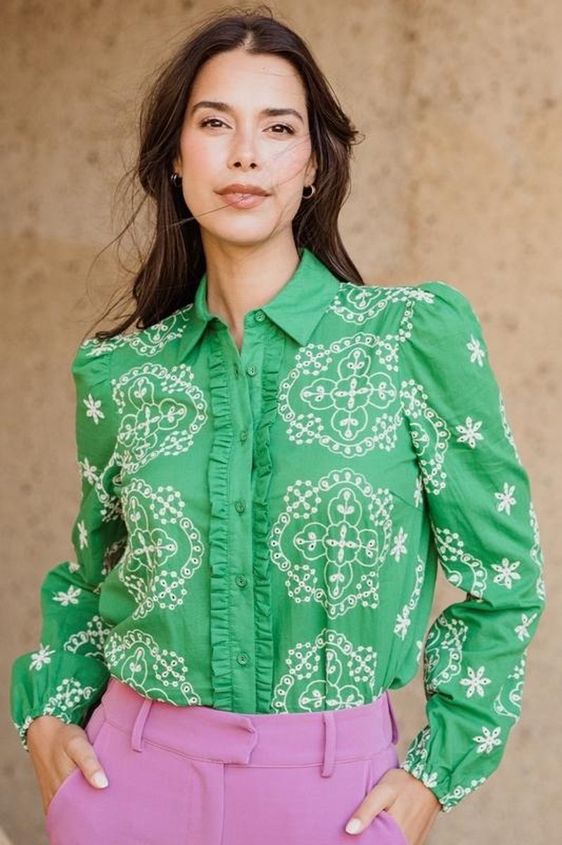 Femme9 Blouse Linde Blouse With Ruffle Green Dames Maat - M
