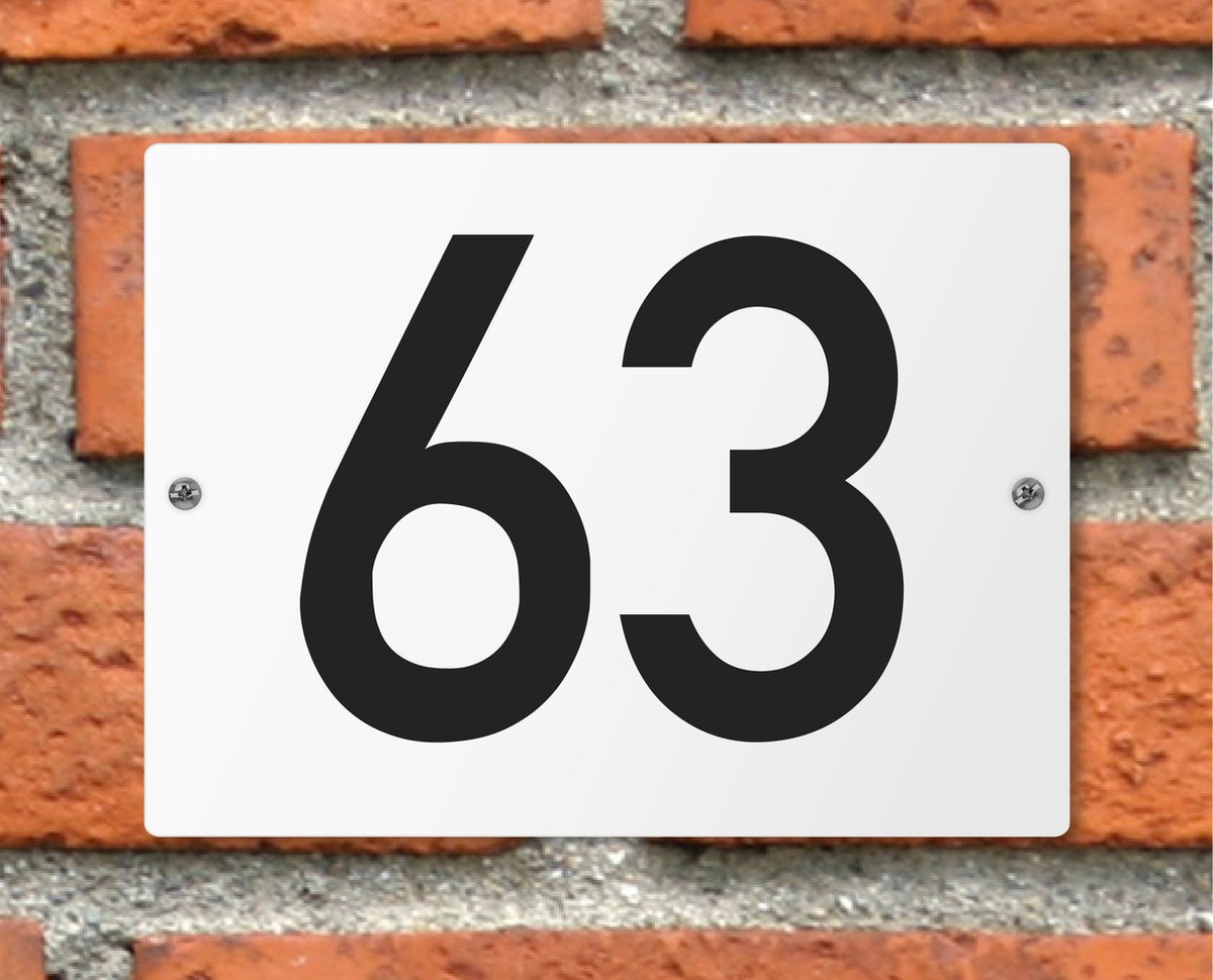 Huisnummerbord wit - Nummer 63 - standaard - 16 x 12 cm - schroeven - naambord - nummerbord - voordeur