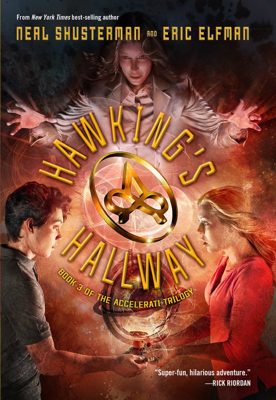 Boekcover met een jongeman en een jongedame, met een gouden logo en tekst 'Hawking's Hallway'.
