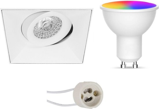 LED Spot Set GU10 - Facto - Smart LED - Wifi LED - Slimme LED - 5W - RGB+CCT - Aanpasbare Kleur - Dimbaar - Afstandsbediening - Pragmi Nivas Pro - Inbouw Vierkant - Mat Wit - Trimless - Kantelbaar - 150mm