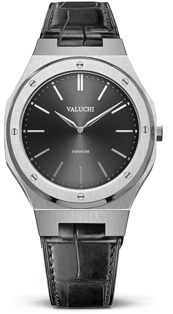 Valuchi Mannen Signature Italiaans Leer Roestvrijstaal Japanse Quartz Horloge - Leer Zilver Zwart