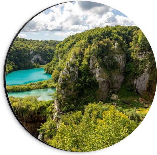 Dibond Muurcirkel - Blauwe Wateren bij Planten in het Nationale Park Plitvicemeren, Kroatië - 20x20 cm Foto op Aluminium Muurcirkel (met ophangsysteem)
