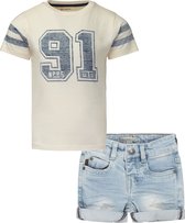 Knoko Noko - Noppies - Kledingset - 2delig - Broek Denim Short Blue - Shirt General Santos Antique white - Maat 128