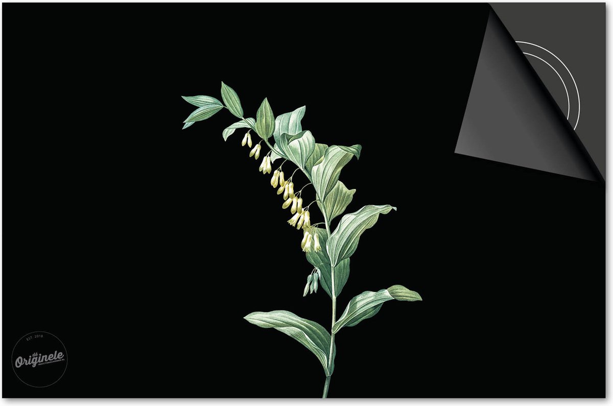 Inductie beschermer 81x52 - afdekplaat inductie mat - Dietrix Kookplaat beschermer - Exclusief - Botanical - Plantje kelkjes op zwart