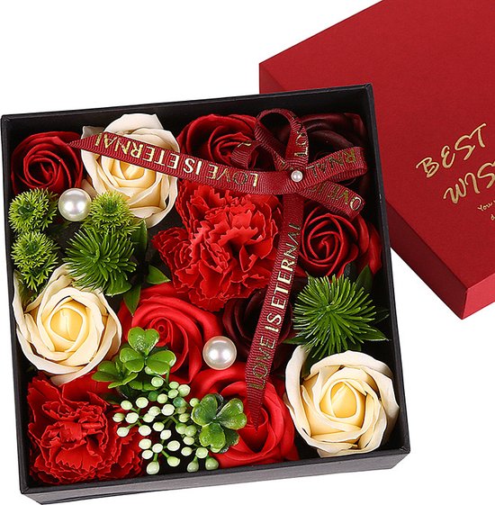 Kunstbloemen - Geschenkset vrouwen - Rozen van geurige zeep - Rechthoekig - Valentijn cadeau - Valentijn cadeautje voor haar - Valentijn - Cadeau - Geschenk - Verjaardag - Moederdag - Moederdag cadeautje - Inclusief kaart - Rood