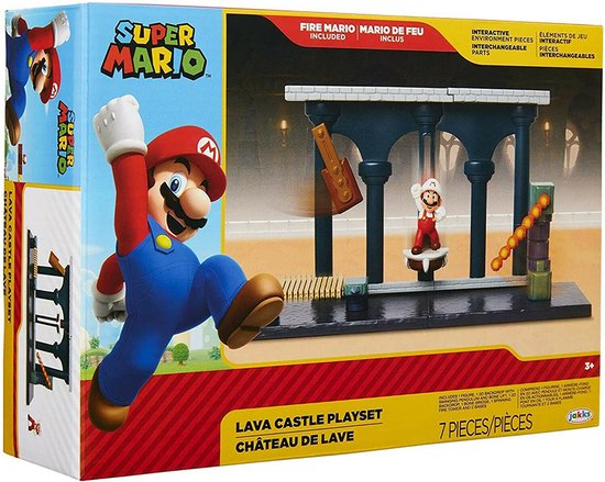 Super Mario Lava Castle Playset verpakking met Mario-figuur en kasteelplayset.