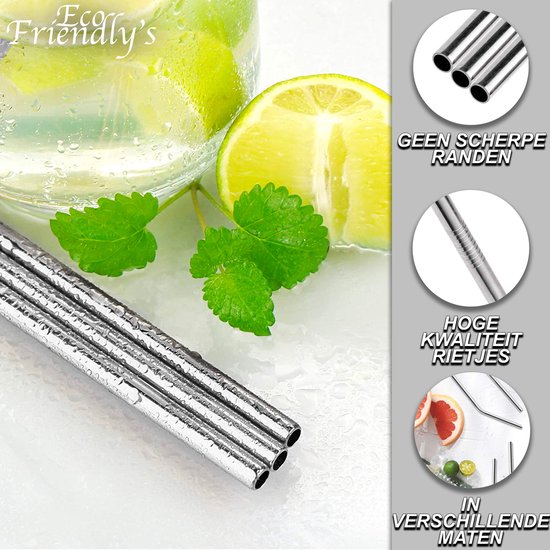 EcoFriendly’s 14x Herbruikbare Metalen Rietjes - Verschillende Maten - Duurzame Rietjes Herbruikbaar - RVS Rietjes - Ijzeren Rietjes - Geschikt voor Smoothies en Cocktails - Zilver