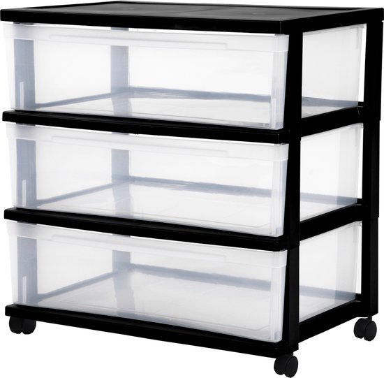 Zwart ladekastframe met drie lege, transparante lades en wieltjes.