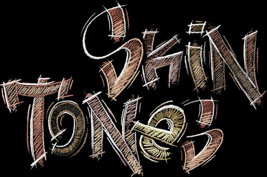 Tekst 'Skin Tones' in gekleurde letters, getekend met potlood.