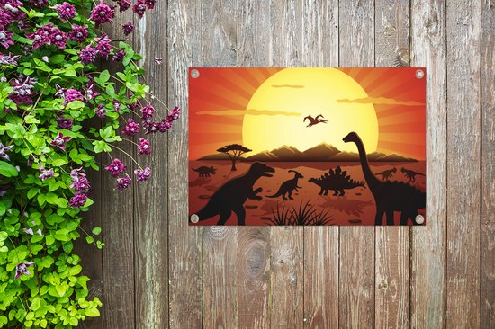 Posters de jardin extérieur Dino - Soleil - Nature - Dessin - Enfants - Garçons - 90x60 cm - Toile jardin - Affiche extérieure