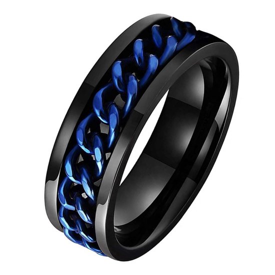Anxiety Ring - (Kettinkje) - Stress Ring - Fidget Ring - Anxiety Ring For Finger - Draaibare Ring - Spinning Ring - Zwart-Blauw kleurig RVS - (19.75mm / maat 62)