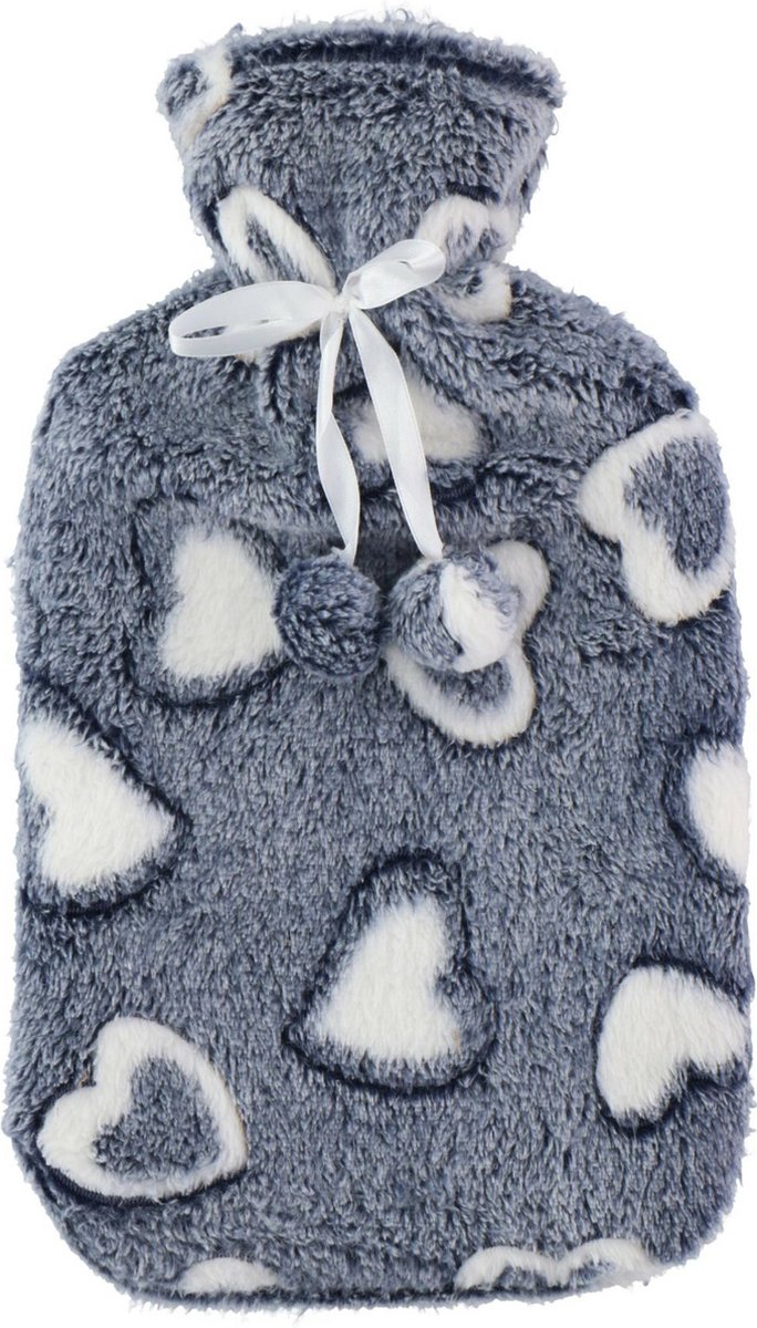 Goedkoopste Warmwaterkruik - fleece hoes - hartjes print grijs - 2 liter