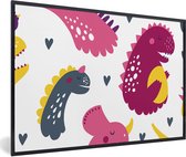 Poster in fotolijst kind - Dino - Patronen - Kind - Roze - Meisjes - Wanddecoratie meisjes - Decoratie voor kinderkamers - 30x20 cm - Slaapkamer decoratie