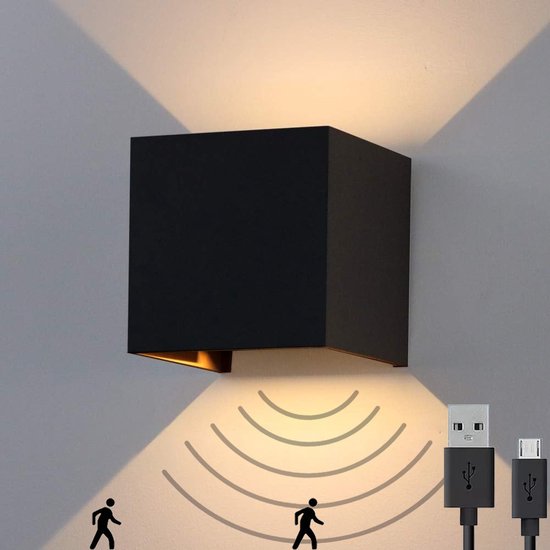 Oplaadbare wandlamp op accu - draadloze wandlamp op batterijen - nachtlampje - met bewegingssensor - trapverlichting - ALUMINIUM - 2700K - 10x10cm - zwart