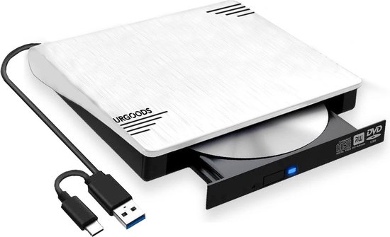 URGOODS® Externe DVD / CD Speler en Brander voor Laptop Wit - Externe DVD Brander - Windows & Mac - USB 3.0 / C + Beschermhoes