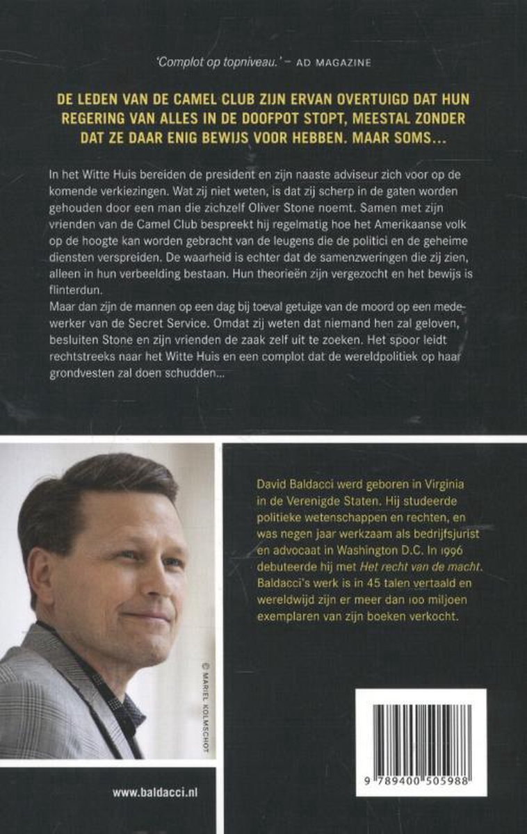 Portret van David Baldacci, auteur. Hij draagt een grijs jasje en een wit overhemd. Rechts een blurb en ISBN.