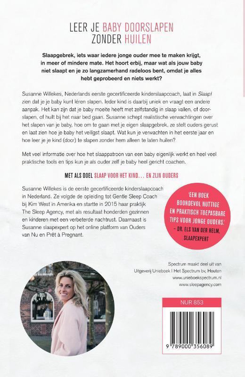 Achterkant boek met tekst over slaapcoaching, foto van Susanne Willkes en ISBN.
