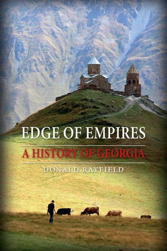 Livre 'Edge of Empires: A History of Georgia' avec une église sur une colline et des vaches paissant.