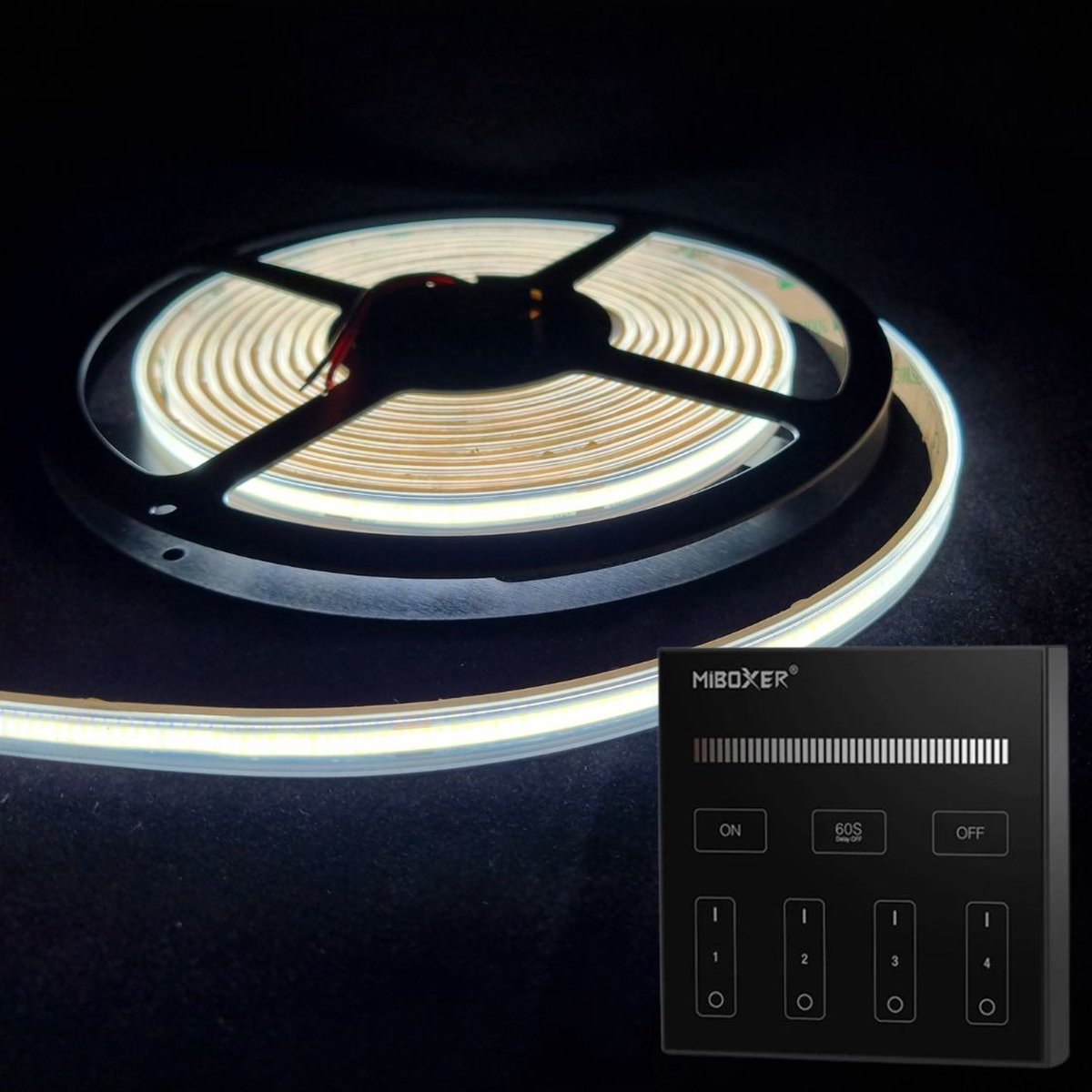 LED Strip COB - 5 Meter - Complete Set - 6000k - Koud Wit - 24V - IP65 Waterdicht - 480LED/m - Met Draadloze Mi-Light(MiBoxer) Touch Wandbediening(Zwart)