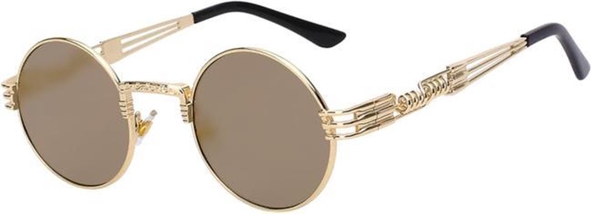 KIMU steampunk zonnebril spiegelglazen goud heren - ronde gouden retro