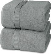 Set van 2 grote katoenen badhanddoeken met hanger, sauna handdoeken, grote badhanddoeken, handdoeken 90 x 180 cm (zilver)