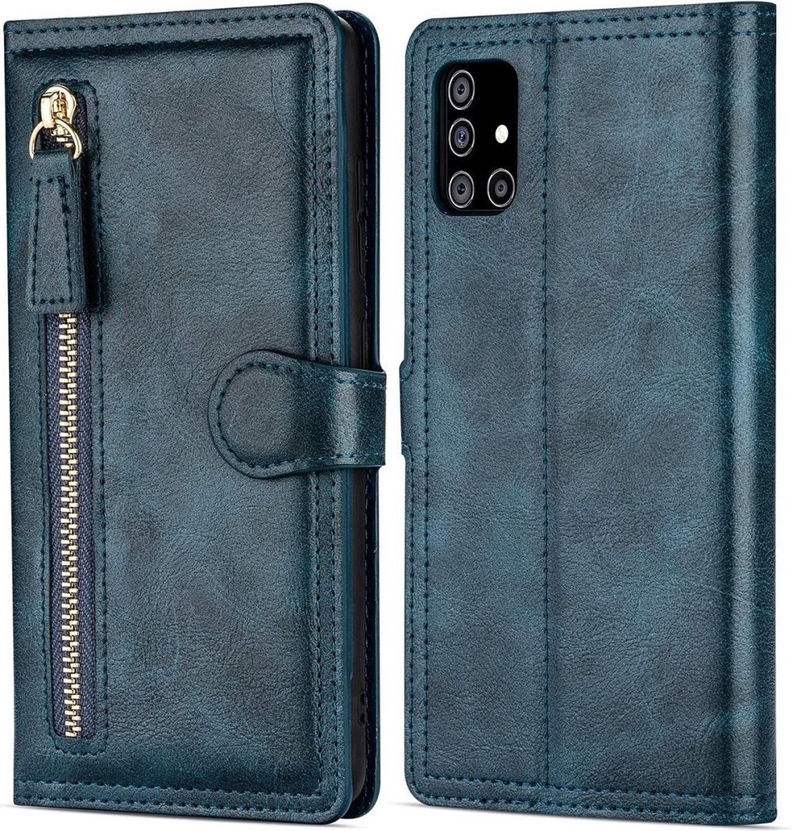 Hoesje geschikt voor Samsung Galaxy A32 5G Book case met ritssluiting van LuxeBass - Flipcover - Magnetisch - 5 kaarten houder - Donkerblauw gsm hoesje - telefoonhoes - telefoonhoesjes