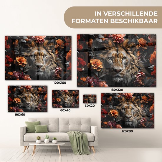 Een close-up van een leeuw te midden van oranje en rode bloemen, met diverse formaten aangegeven.