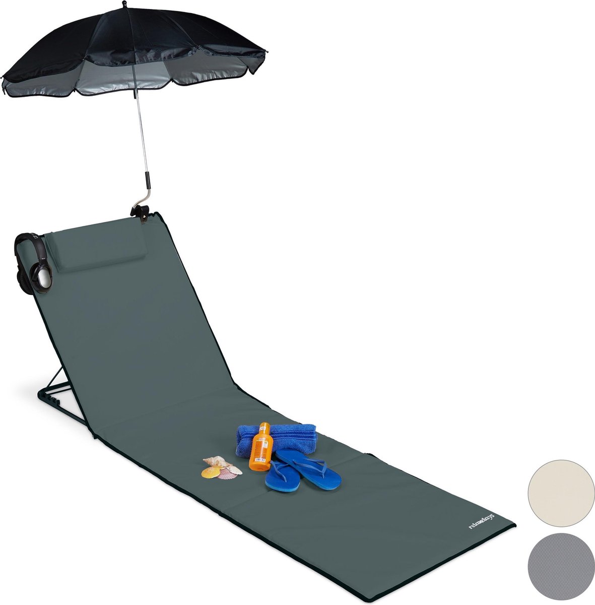 relaxdays strandmat - groot - ligbed - hoofdsteun - rugleuning - opvouwbaar - draagbaar antraciet