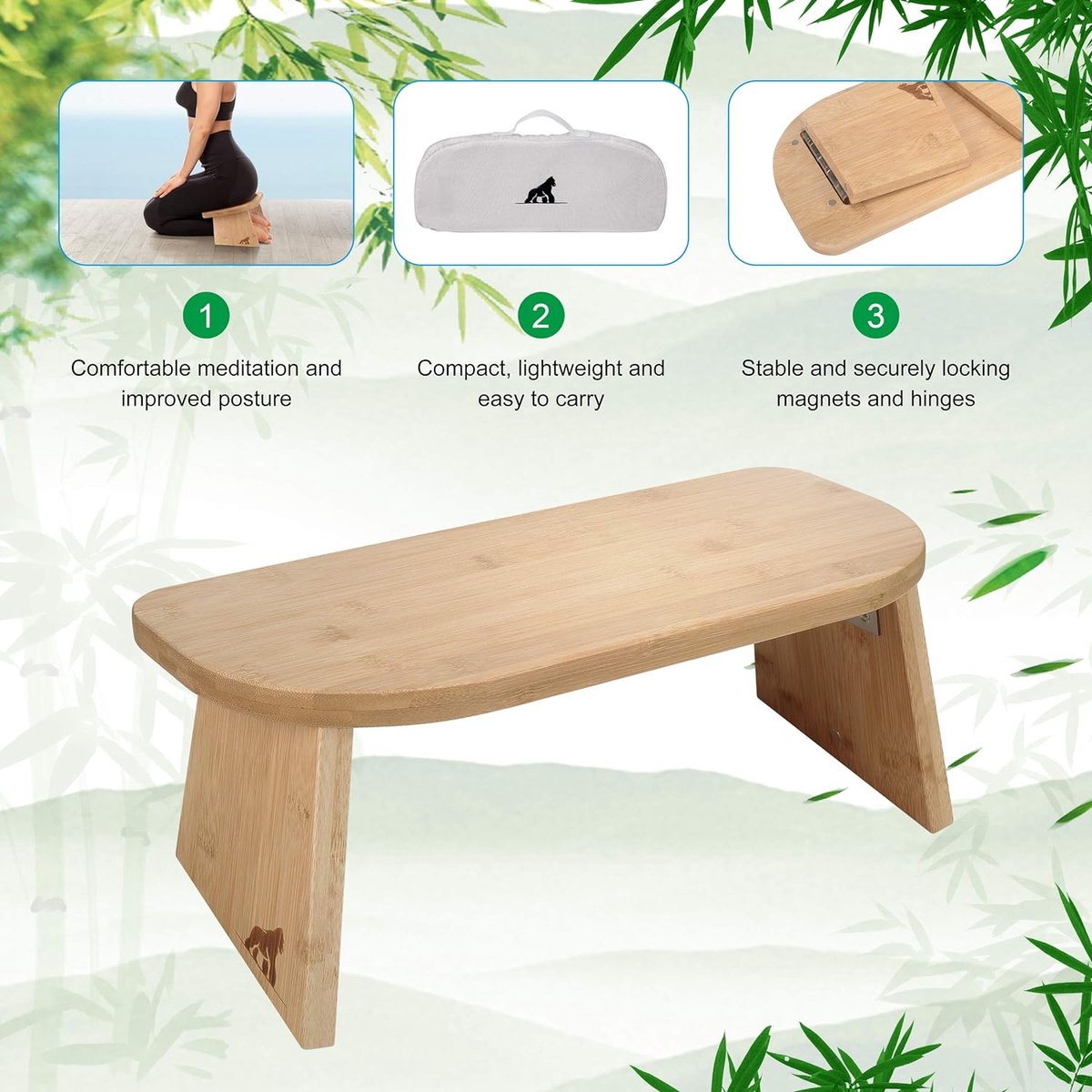 My Fat Gorilla Bench de méditation pliable en Bamboo – Tabouret de Yoga pour
