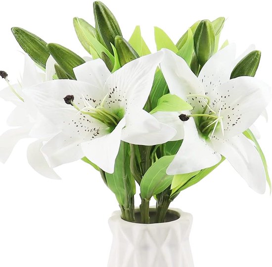 Kunstlelies, 6 stuks, stelen, lelies, kunstbloemen, witte kunstbloemen met 3 knoppen, 36 cm, lelies, kunstlelies, voor bruiloft, boeket, huisdecoratie, party, graves vazen