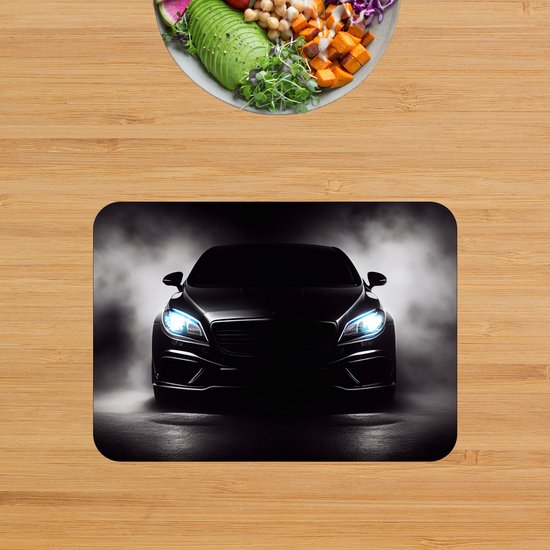 BWK Stevige Placemat - Voorkant van een Zwarte Auto - Set van 8 Placemats - 35x25 cm - 1 mm dik Polystyreen - Afneembaar