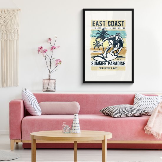 Cadre photo avec affiche - Planche de surf - Mer - Plage - Vintage - 60x90 cm - Cadre pour affiche