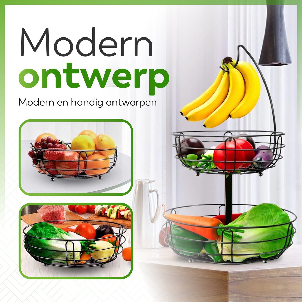 Fruitschaal Fruitmand 2-laags Fruitmandkom, Stapelbare Groenteopslag Met Bananenboomhangerstandaard Voor Aanrecht In De Keuken Moderne Fruithouder Fruitrek (Color : Gold, Size : 11 * 11 * 15in