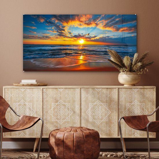 Tableau sur Verres - Tableau sur verre - Coucher de soleil - Horizon - Mer - Nuages - Décoration murale - Tableau mer - Photo sur verre - Verre acrylique - 120x60 cm - Décoration murale