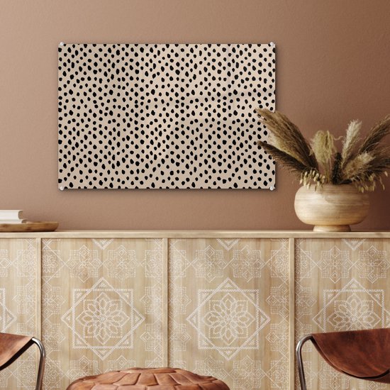 MuchoWow® Glasschilderij 60x40 cm - Schilderij acrylglas - Beige - Stippen - Patronen - Zwart - Foto op glas - Schilderijen