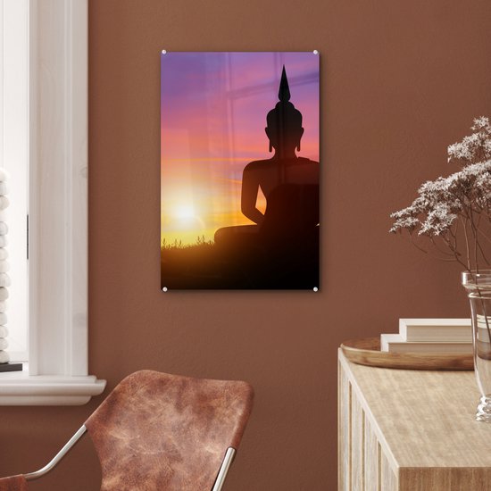Peinture sur verre - Statue de Bouddha - Silhouette - Coucher de soleil - Spirituel - Peintures de salon - Photo sur verre - Verre acrylique - 40x60 cm - Décoration murale - Peinture sur verre